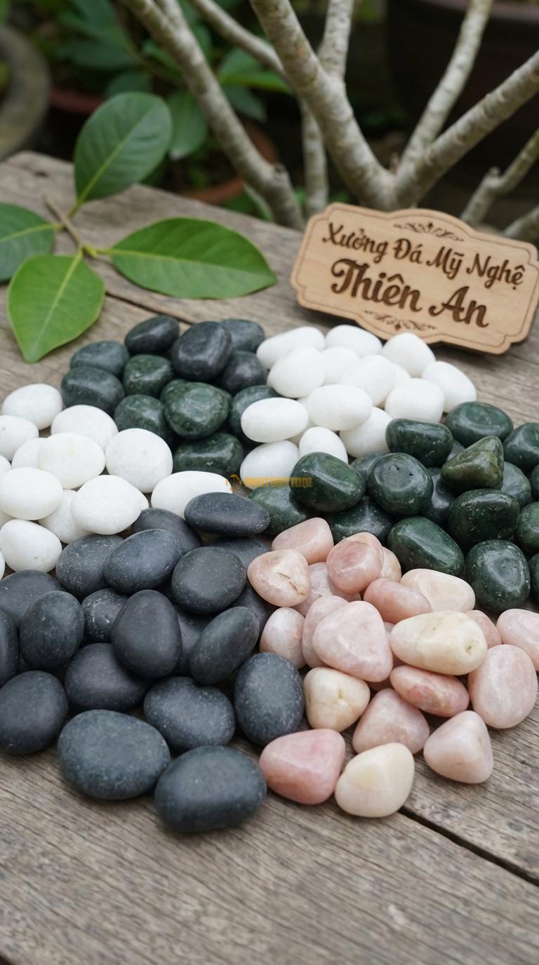 Sỏi Mix 4 loại sỏi đen quay, Xanh rêu, Trắng quay, Hồng quay Tỉ lệ (40, 25, 20, 15). Size 1-2cm