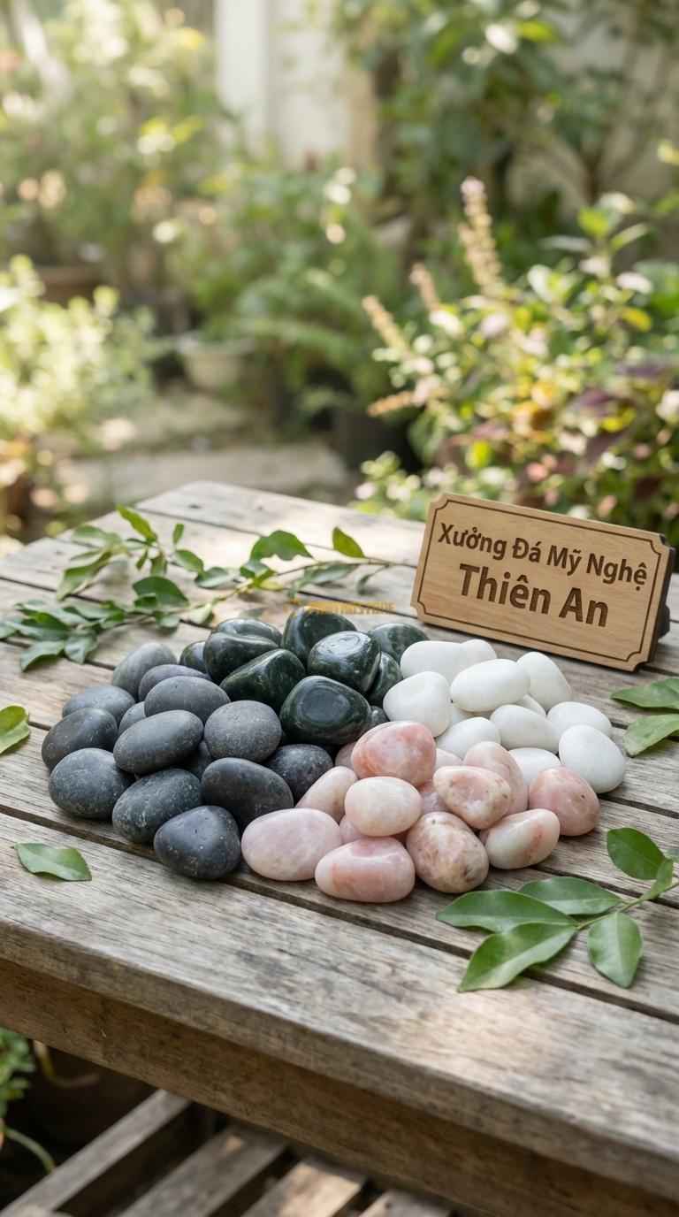 Sỏi Mix 4 loại sỏi đen quay, Xanh rêu, Trắng quay, Hồng quay Tỉ lệ (30, 30, 25, 15). Size 1-2cm