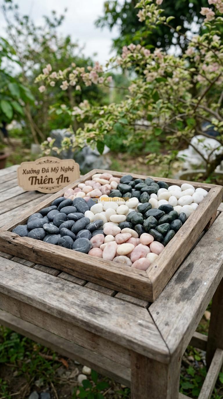 Sỏi Mix 4 loại sỏi đen quay, Xanh rêu, Trắng quay, Hồng quay Tỉ lệ (45, 20, 20, 15). Size 1-2cm