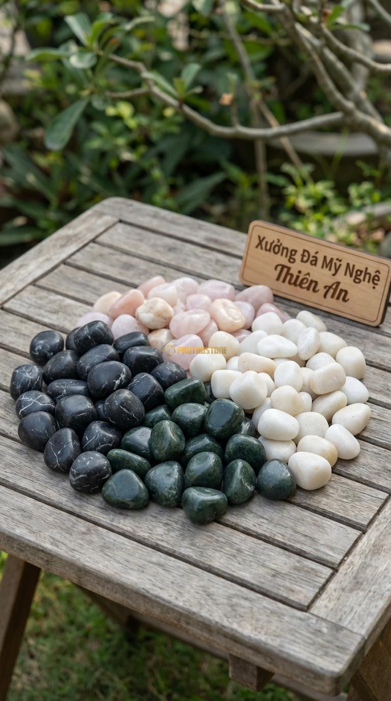 Sỏi Mix 4 loại sỏi đen quay, Xanh rêu, Trắng quay, Hồng quay Tỉ lệ (35, 25, 25, 15). Size 2-3cm