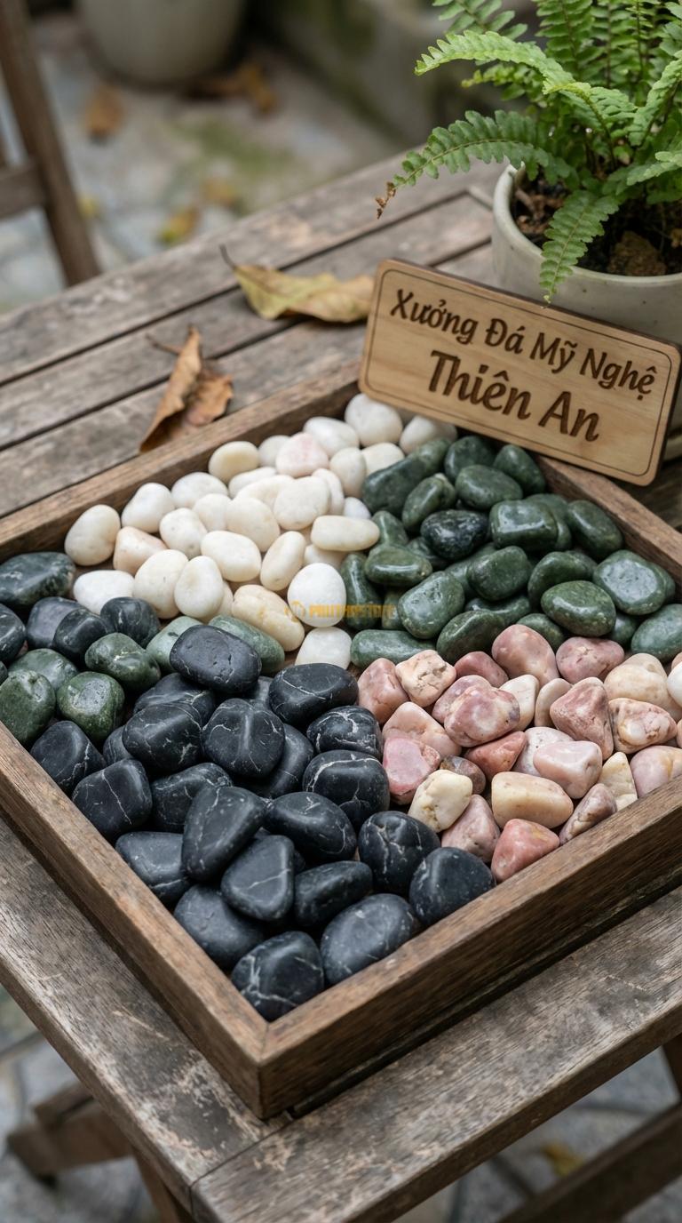 Sỏi Mix 4 loại sỏi đen quay, Xanh rêu, Trắng quay, Hồng quay Tỉ lệ (40, 25, 20, 15). Size 2-3cm
