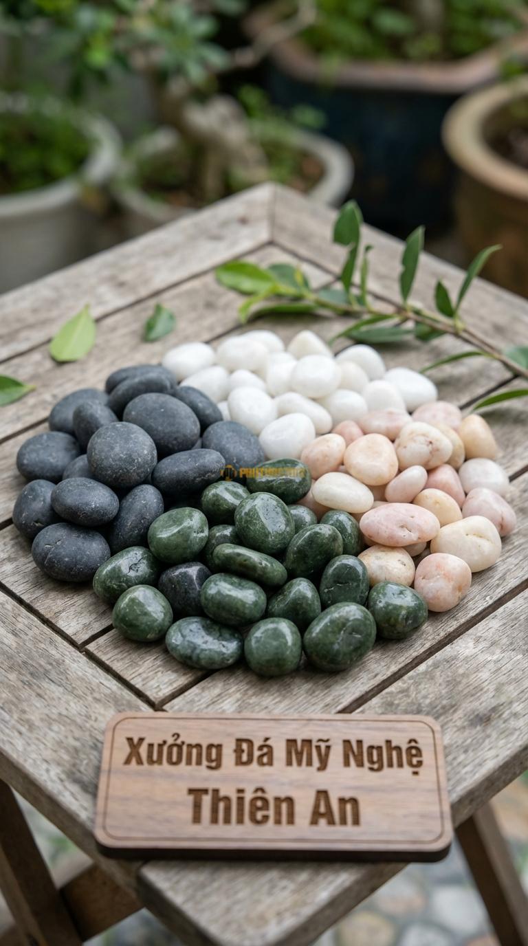 Sỏi Mix 4 loại sỏi đen quay, Xanh rêu, Trắng quay, Hồng quay Tỉ lệ (30, 30, 25, 15). Size 2-3cm