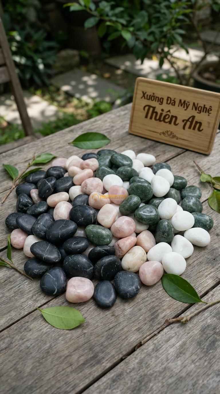 Sỏi Mix 4 loại sỏi đen quay, Xanh rêu, Trắng quay, Hồng quay Tỉ lệ (45, 20, 20, 15). Size 2-3cm