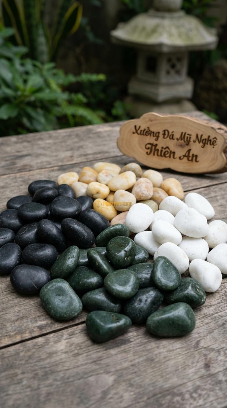 Sỏi Mix 4 loại sỏi đen quay, Xanh rêu, Trắng quay, Vàng quay Tỉ lệ (40, 25, 20, 15). Size 3-5cm