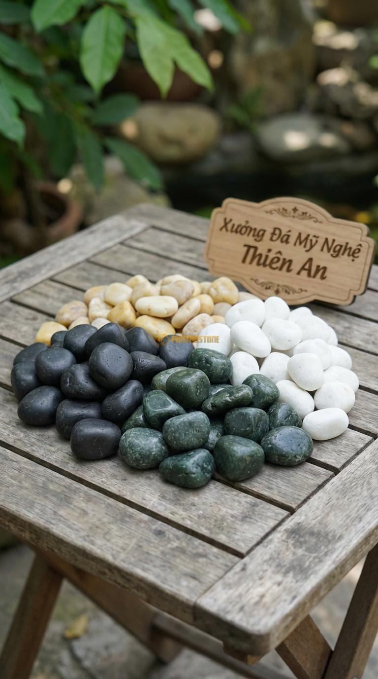 Sỏi Mix 4 loại sỏi đen quay, Xanh rêu, Trắng quay, Vàng quay Tỉ lệ (30, 30, 25, 15). Size 3-5cm
