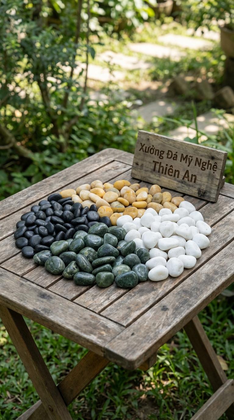 Sỏi Mix 4 loại sỏi đen quay, Xanh rêu, Trắng quay, Vàng quay Tỉ lệ (30, 30, 25, 15). Size 2-4cm