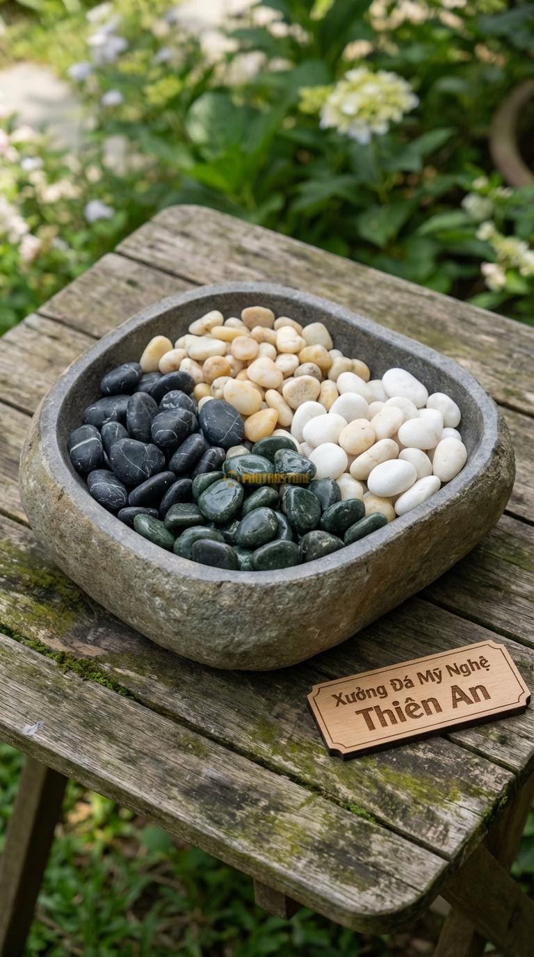 Sỏi Mix 4 loại sỏi đen quay, Xanh rêu, Trắng quay, Vàng quay Tỉ lệ (35, 25, 25, 15). Size 3-5mm