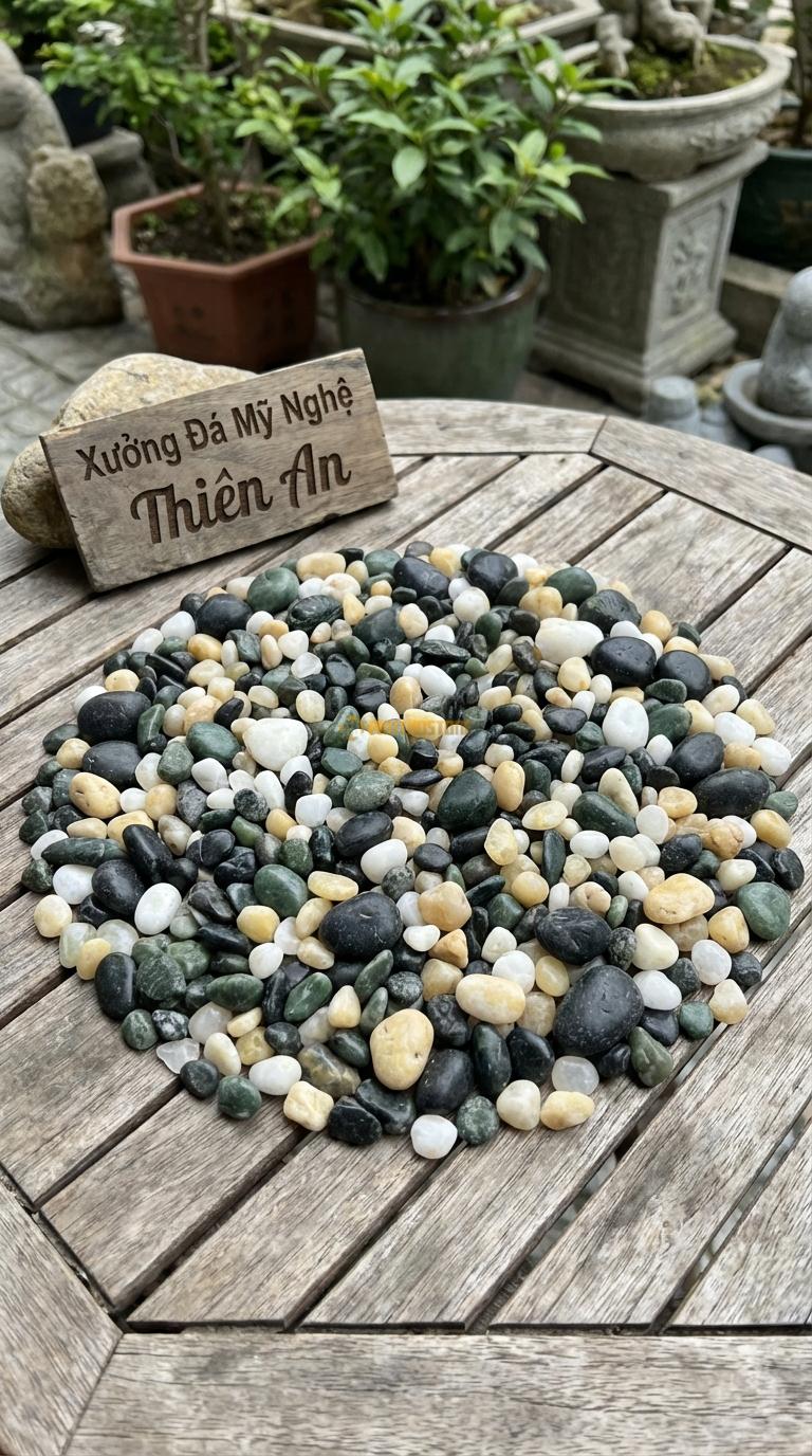 Sỏi Mix 4 loại sỏi đen quay, Xanh rêu, Trắng quay, Vàng quay Tỉ lệ (45, 20, 20, 15). Size 3-5mm