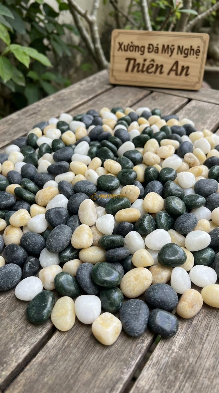 Sỏi Mix 4 loại sỏi đen quay, Xanh rêu, Trắng quay, Vàng quay Tỉ lệ (30, 30, 25, 15). Size 7-9mm