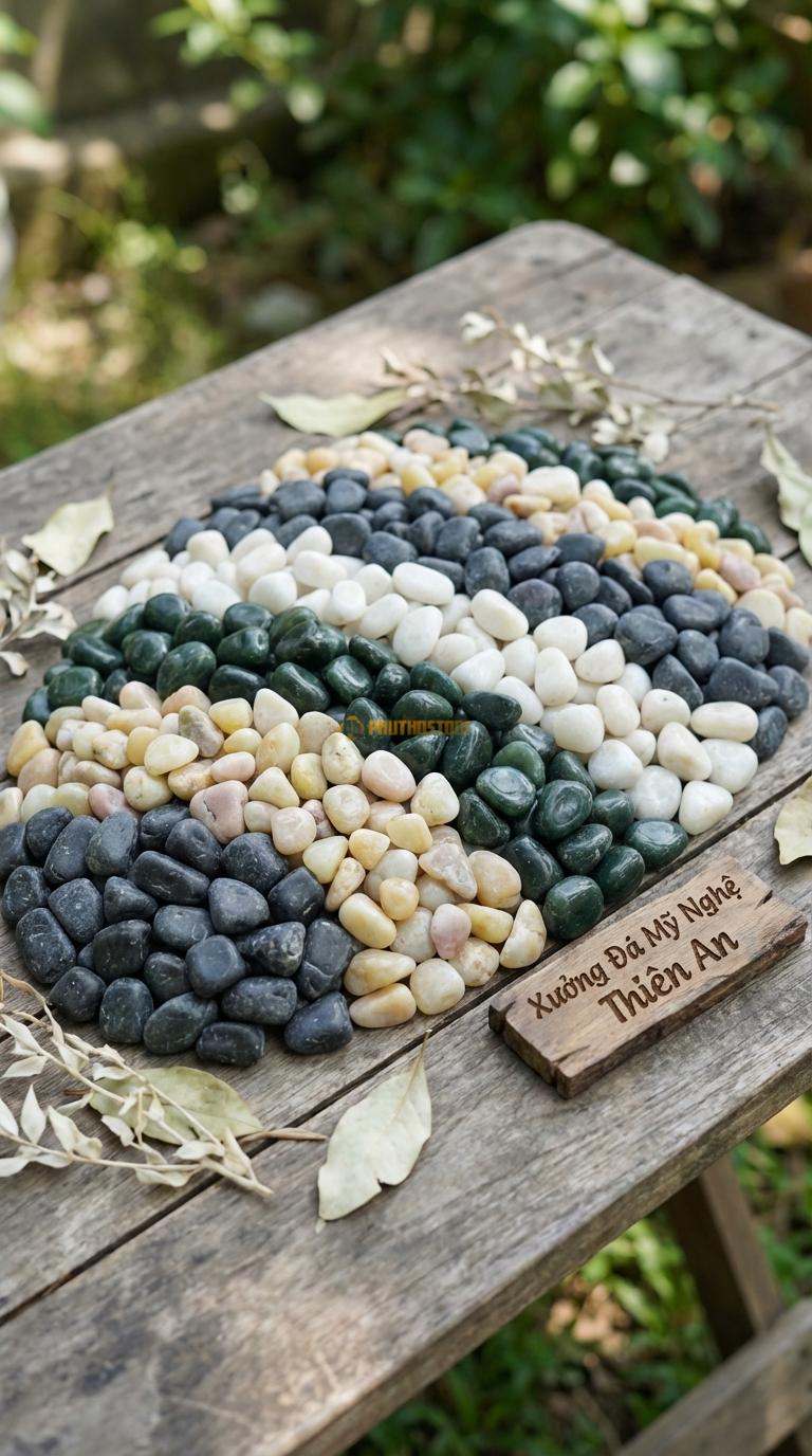 Sỏi Mix 4 loại sỏi đen quay, Xanh rêu, Trắng quay, Vàng quay Tỉ lệ (45, 20, 20, 15). Size 7-9mm