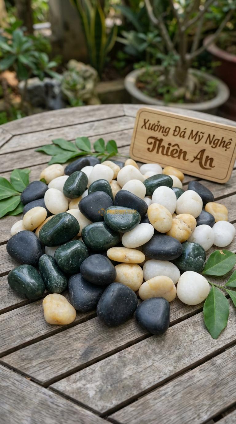Sỏi Mix 4 loại sỏi đen quay, Xanh rêu, Trắng quay, Vàng quay Tỉ lệ (35, 25, 25, 15). Size 1-2cm