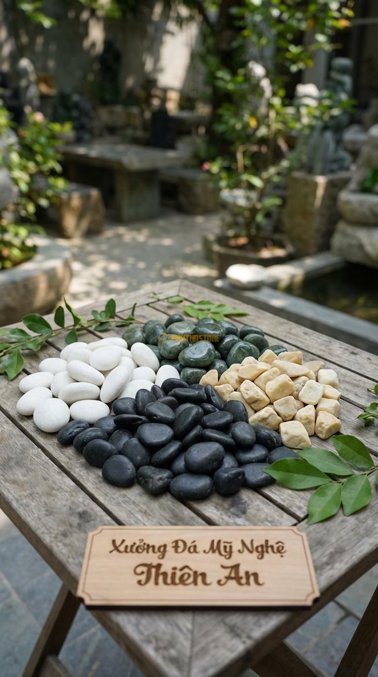 Sỏi Mix 4 loại sỏi đen quay, Xanh rêu, Trắng quay, Vàng quay Tỉ lệ (40, 25, 20, 15). Size 1-2cm