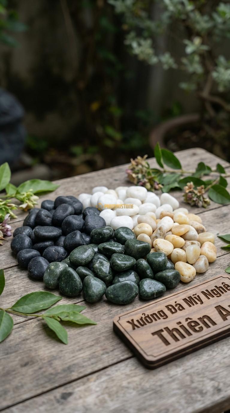 Sỏi Mix 4 loại sỏi đen quay, Xanh rêu, Trắng quay, Vàng quay Tỉ lệ (30, 30, 25, 15). Size 1-2cm