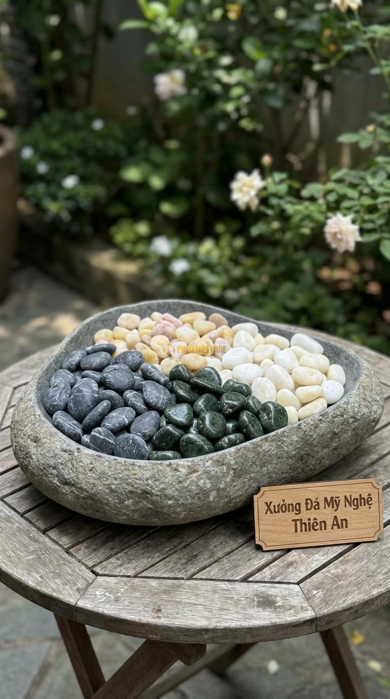 Sỏi Mix 4 loại sỏi đen quay, Xanh rêu, Trắng quay, Vàng quay Tỉ lệ (45, 20, 20, 15). Size 1-2cm