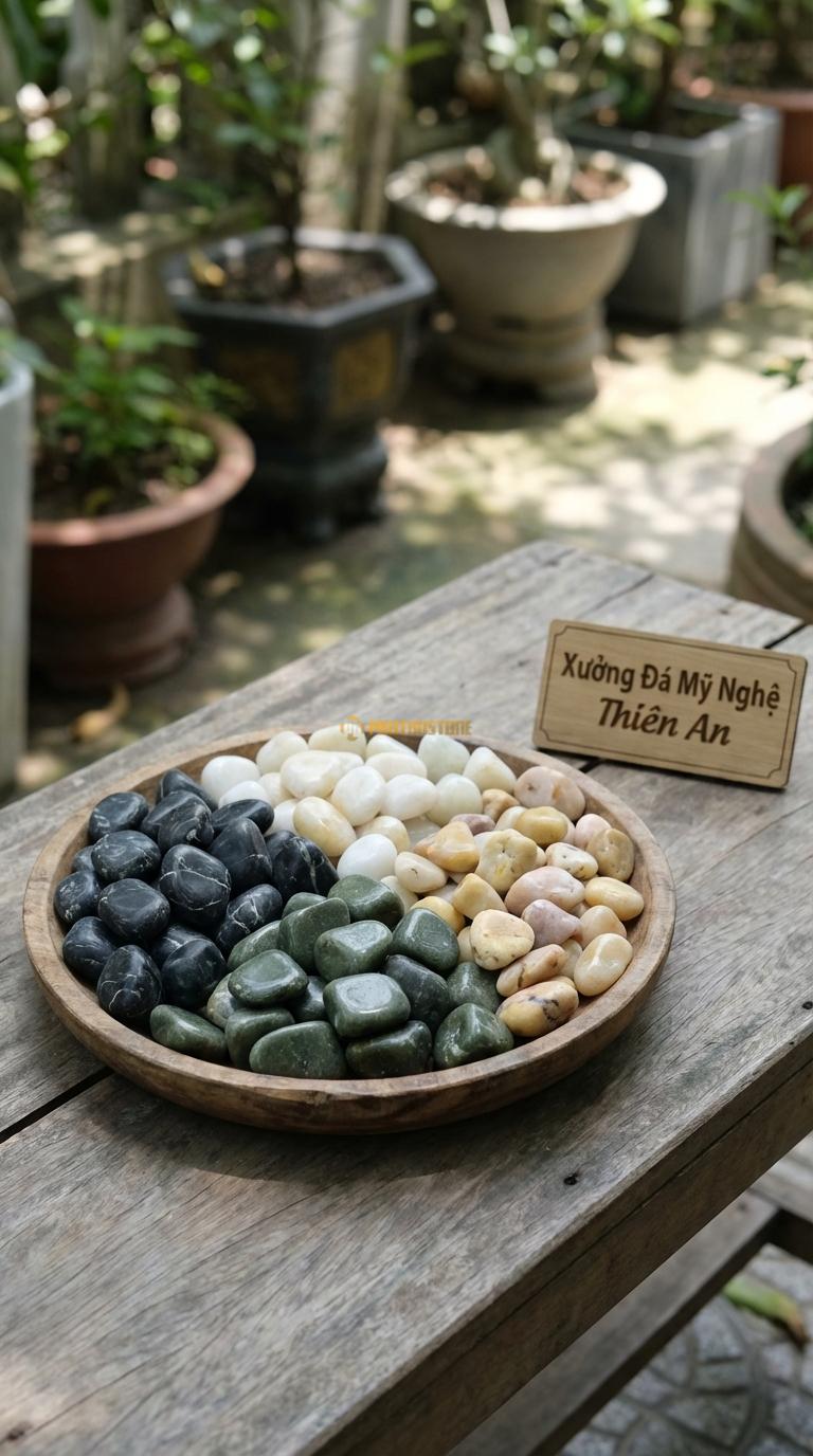 Sỏi Mix 4 loại sỏi đen quay, Xanh rêu, Trắng quay, Vàng quay Tỉ lệ (30, 30, 25, 15). Size 2-3cm