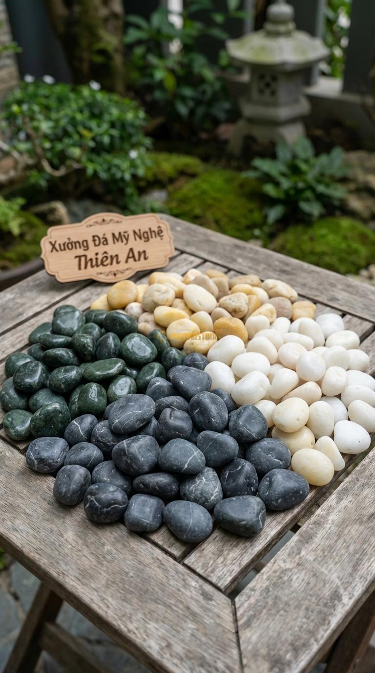 Sỏi Mix 4 loại sỏi đen quay, Xanh rêu, Trắng quay, Vàng quay Tỉ lệ (45, 20, 20, 15). Size 2-3cm