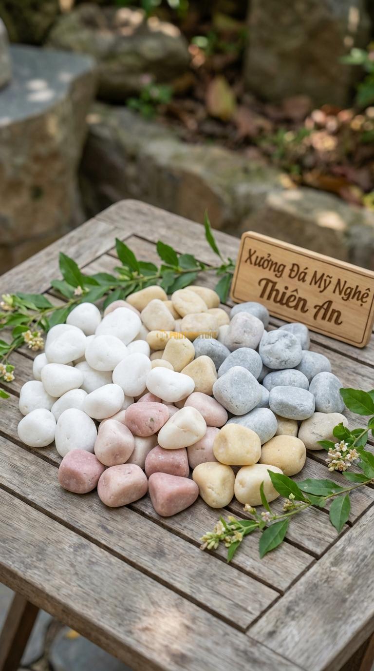 Sỏi Mix 4. Trắng quay, Hồng quay, Ghi xám quay, Vàng quay Tỉ lệ (35, 25, 25, 15). Size 3-5cm