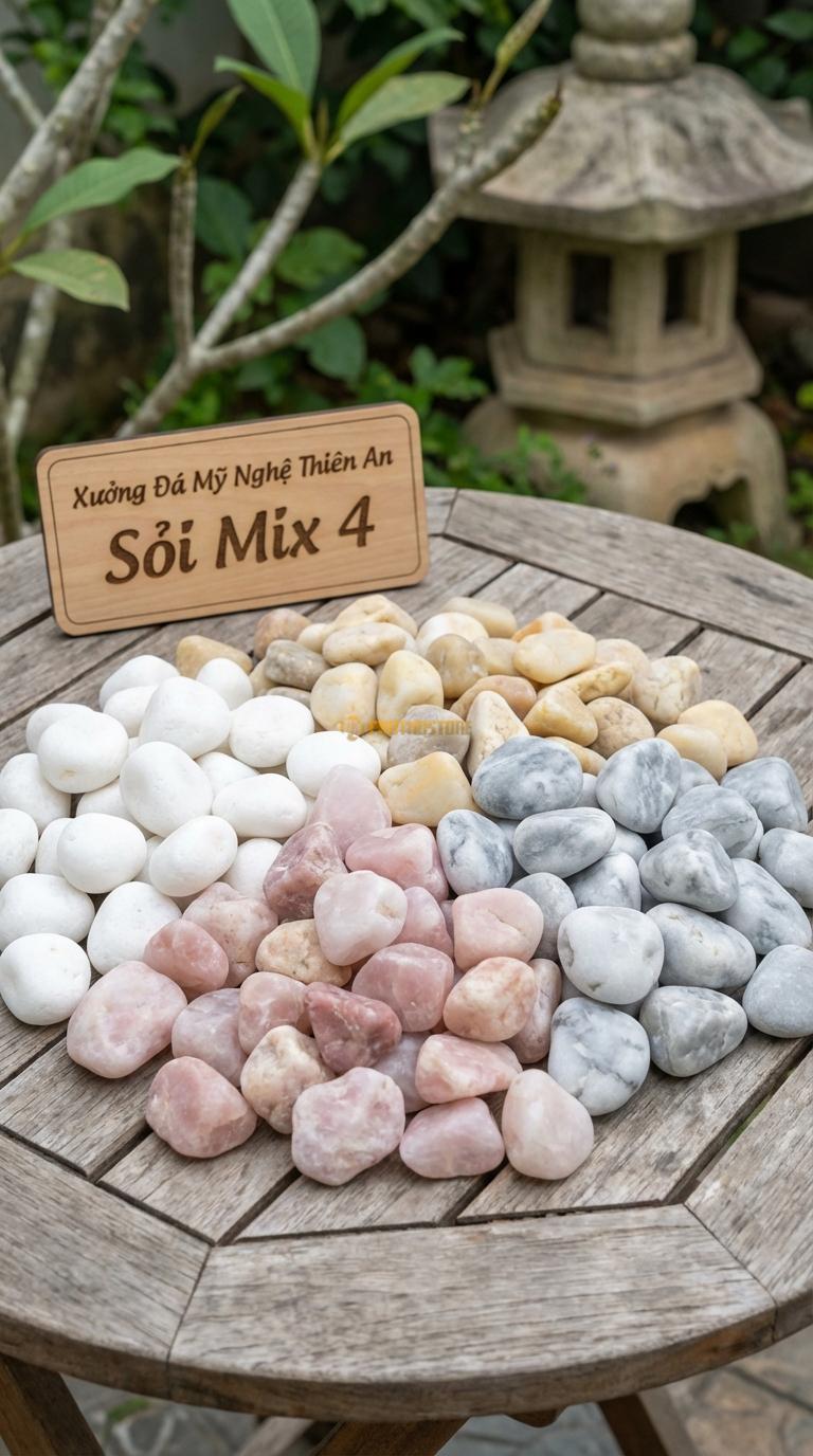 Sỏi Mix 4. Trắng quay, Hồng quay, Ghi xám quay, Vàng quay Tỉ lệ (40, 25, 20, 15). Size 3-5cm