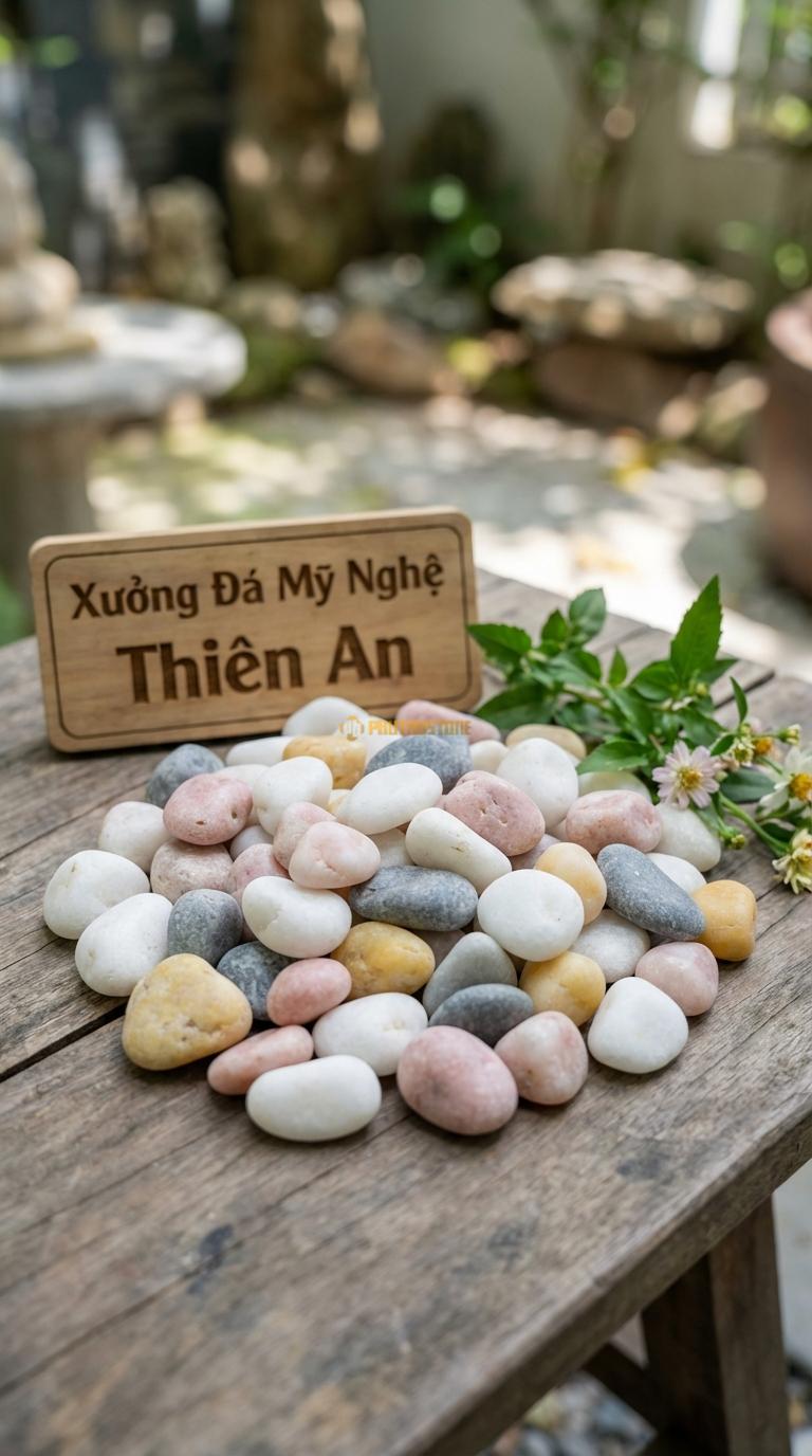 Sỏi Mix 4. Trắng quay, Hồng quay, Ghi xám quay, Vàng quay Tỉ lệ (30, 30, 25, 15). Size 3-5cm