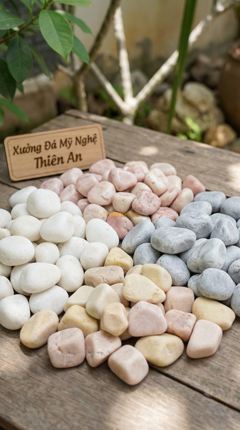 Sỏi Mix 4. Trắng quay, Hồng quay, Ghi xám quay, Vàng quay Tỉ lệ (45, 20, 20, 15). Size 3-5cm