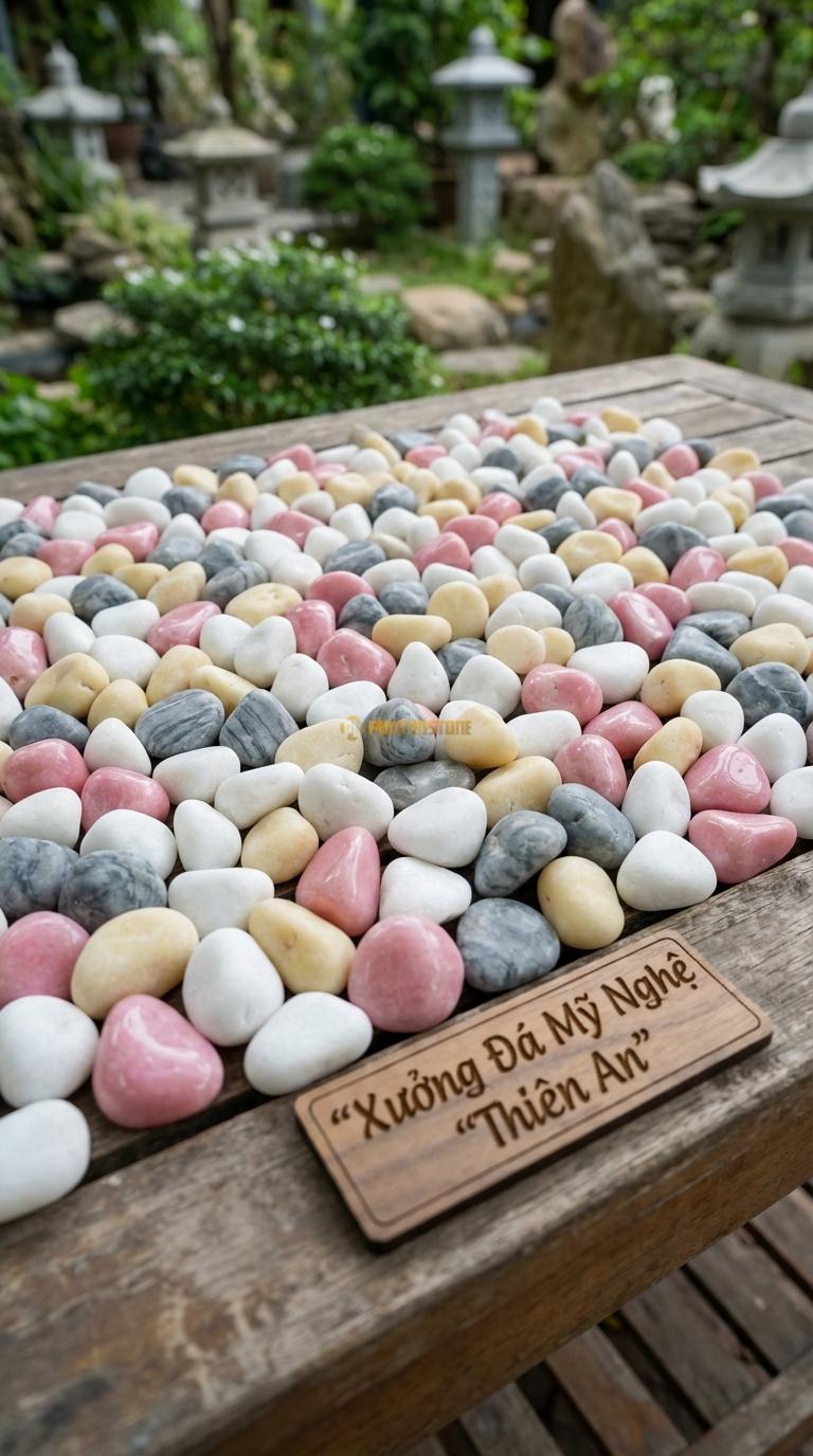 Sỏi Mix 4. Trắng quay, Hồng quay, Ghi xám quay, Vàng quay Tỉ lệ (35, 25, 25, 15). Size 3-5mm
