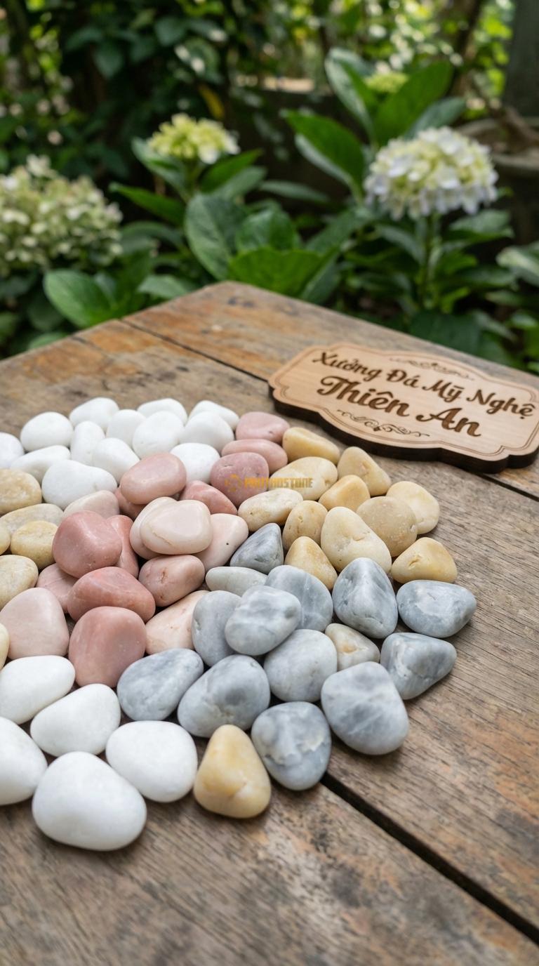 Sỏi Mix 4. Trắng quay, Hồng quay, Ghi xám quay, Vàng quay Tỉ lệ (35, 25, 25, 15). Size 1-2cm