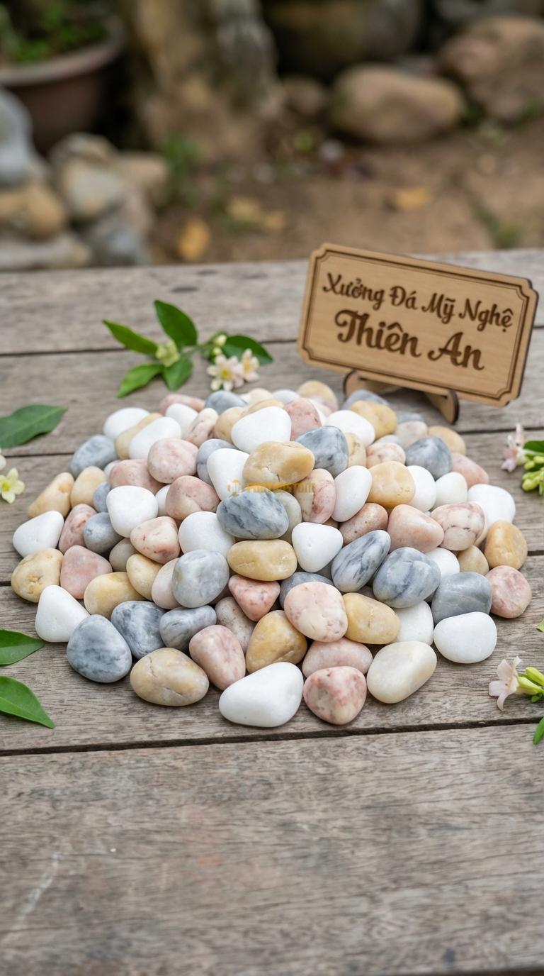 Sỏi Mix 4. Trắng quay, Hồng quay, Ghi xám quay, Vàng quay Tỉ lệ (40, 25, 20, 15). Size 1-2cm