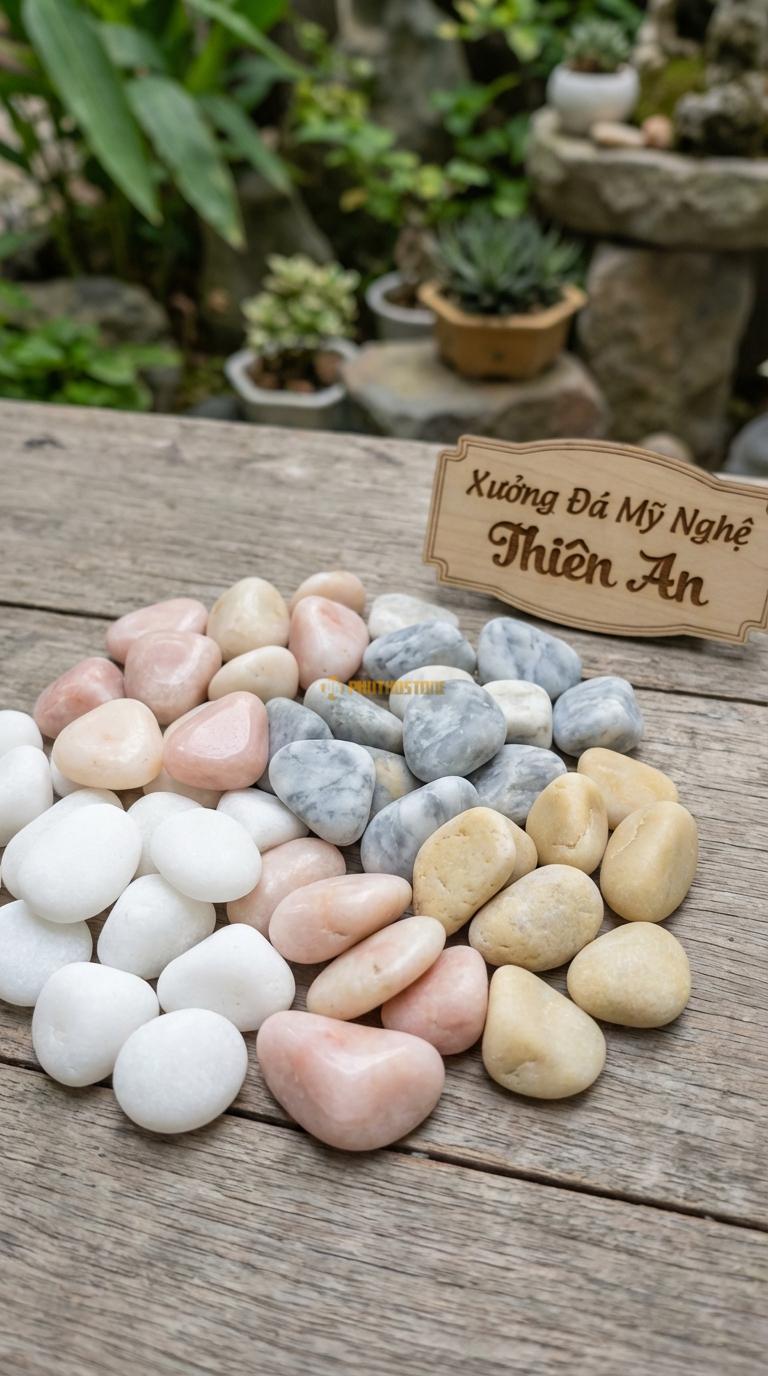 Sỏi Mix 4. Trắng quay, Hồng quay, Ghi xám quay, Vàng quay Tỉ lệ (30, 30, 25, 15). Size 1-2cm