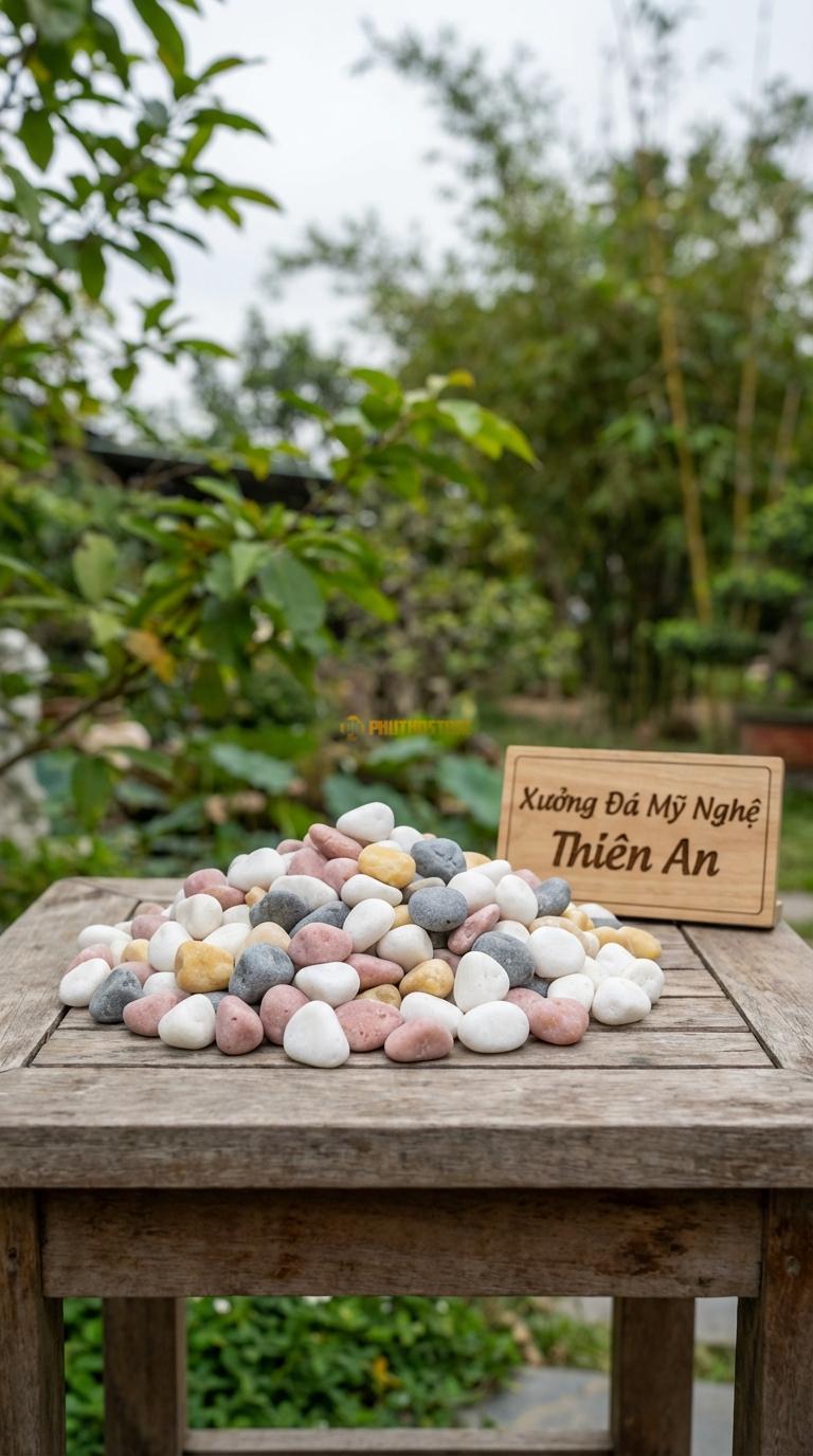Sỏi Mix 4. Trắng quay, Hồng quay, Ghi xám quay, Vàng quay Tỉ lệ (45, 20, 20, 15). Size 1-2cm