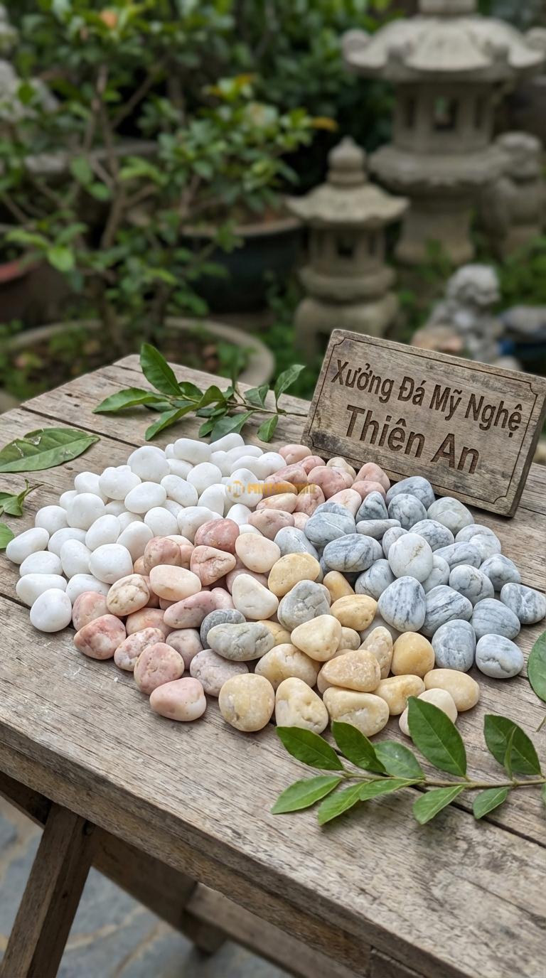 Sỏi Mix 4. Trắng quay, Hồng quay, Ghi xám quay, Vàng quay Tỉ lệ (45, 20, 20, 15). Size 2-3cm