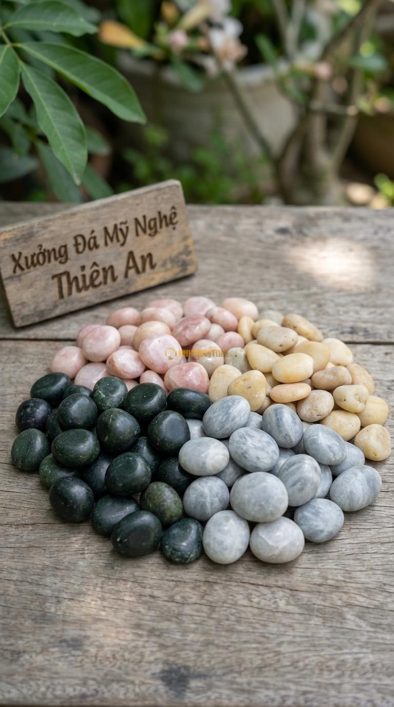 Sỏi Mix 4. Xanh rêu, Hồng quay, Ghi xám quay, Vàng quay Tỉ lệ (30, 30, 25, 15). Size 3-5mm