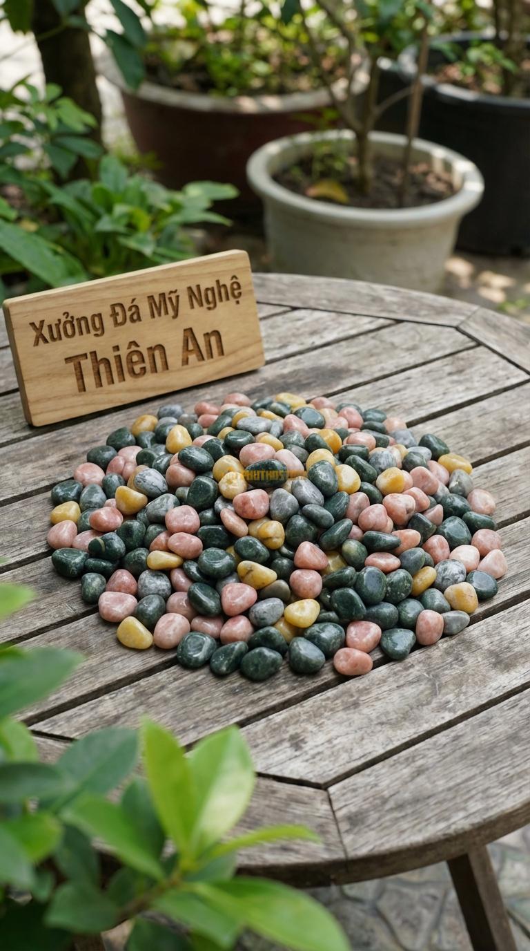Sỏi Mix 4. Xanh rêu, Hồng quay, Ghi xám quay, Vàng quay Tỉ lệ (30, 30, 25, 15). Size 7-9mm