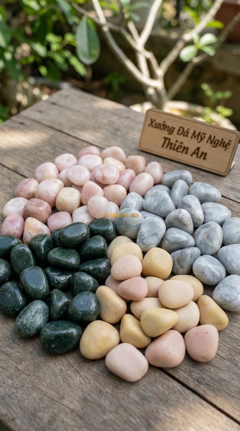 Sỏi Mix 4. Xanh rêu, Hồng quay, Ghi xám quay, Vàng quay Tỉ lệ (30, 30, 25, 15). Size 1-2cm