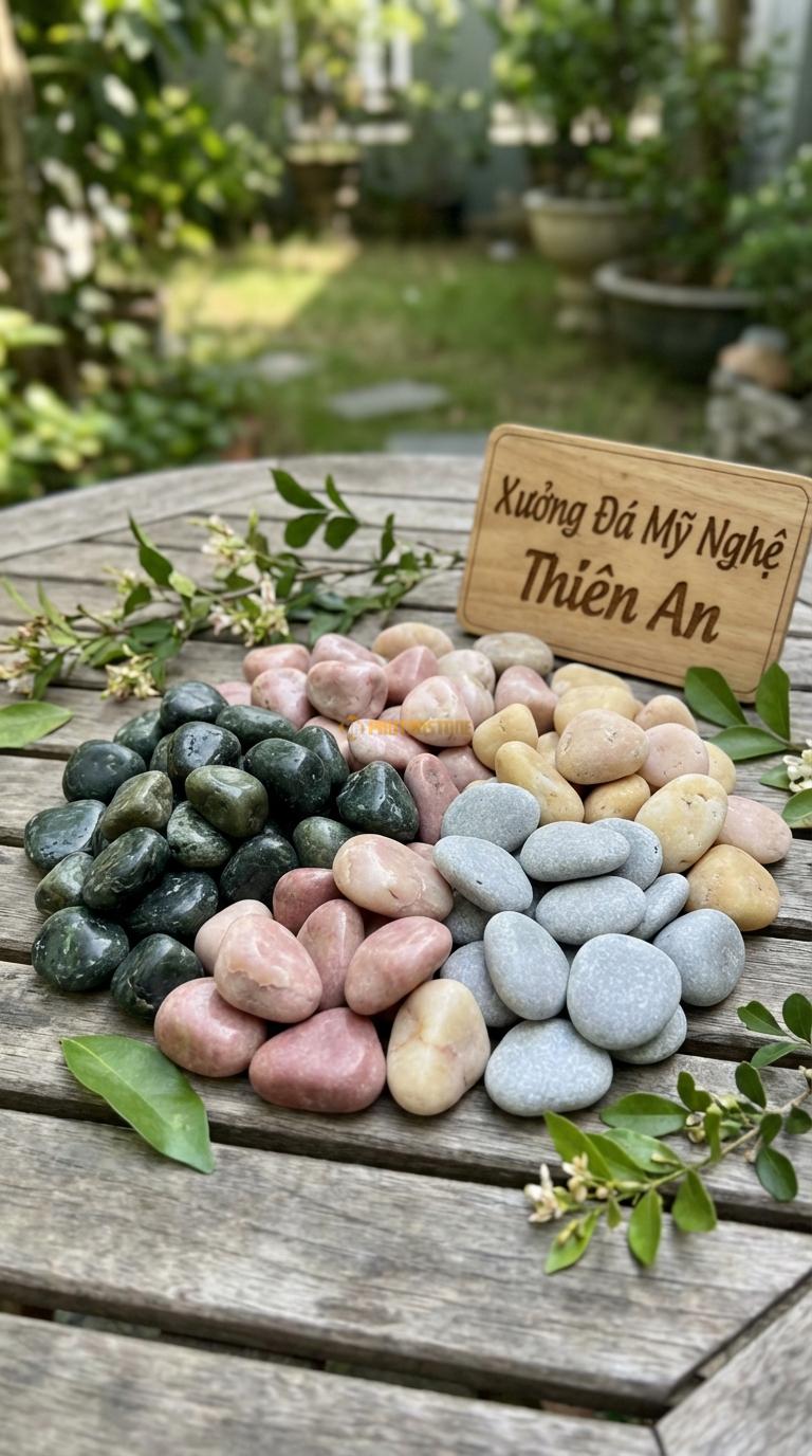 Sỏi Mix 4. Xanh rêu, Hồng quay, Ghi xám quay, Vàng quay Tỉ lệ (35, 25, 25, 15). Size 3-5cm