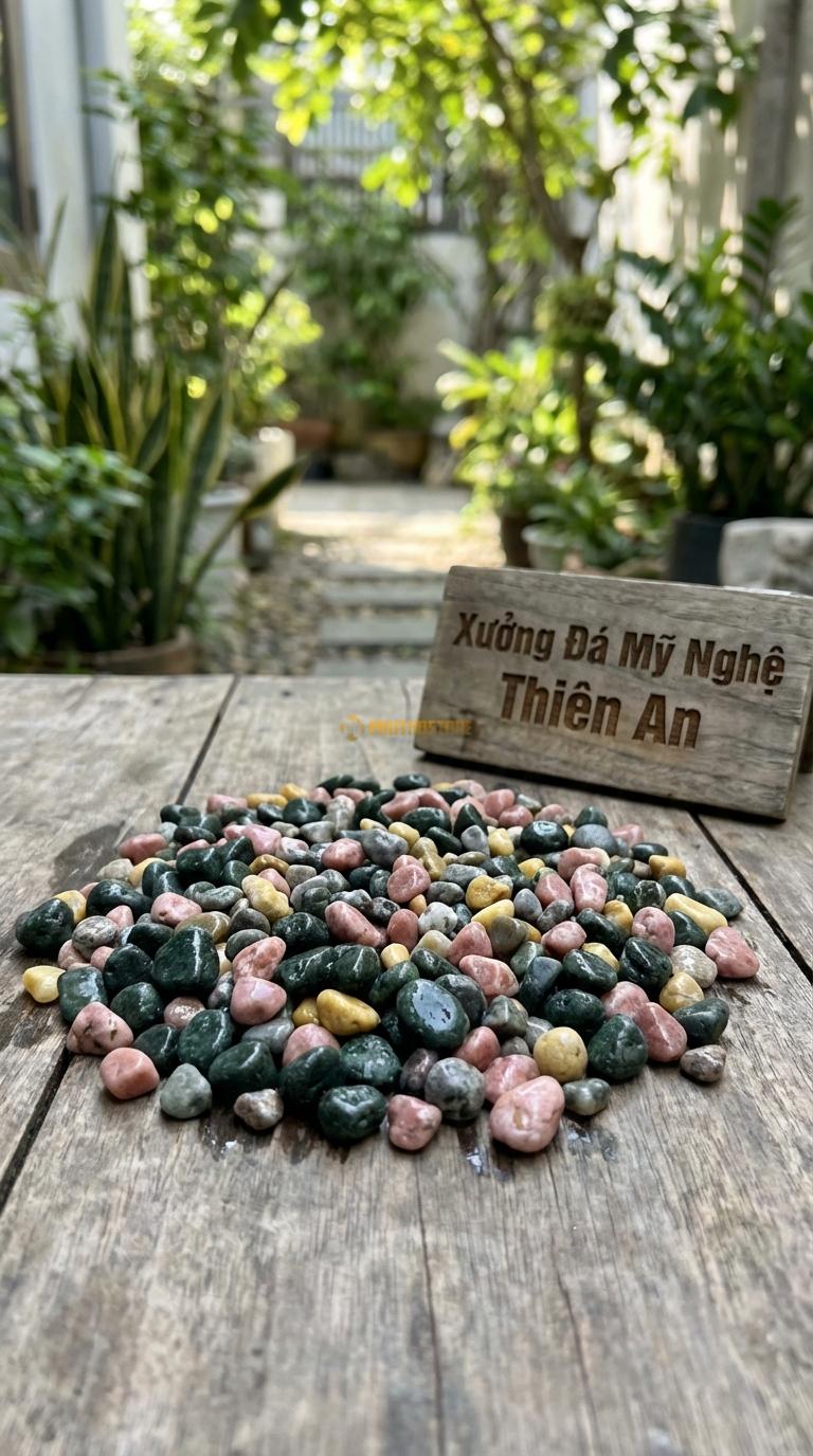 Sỏi Mix 4. Xanh rêu, Hồng quay, Ghi xám quay, Vàng quay Tỉ lệ (35, 25, 25, 15). Size 3-5mm