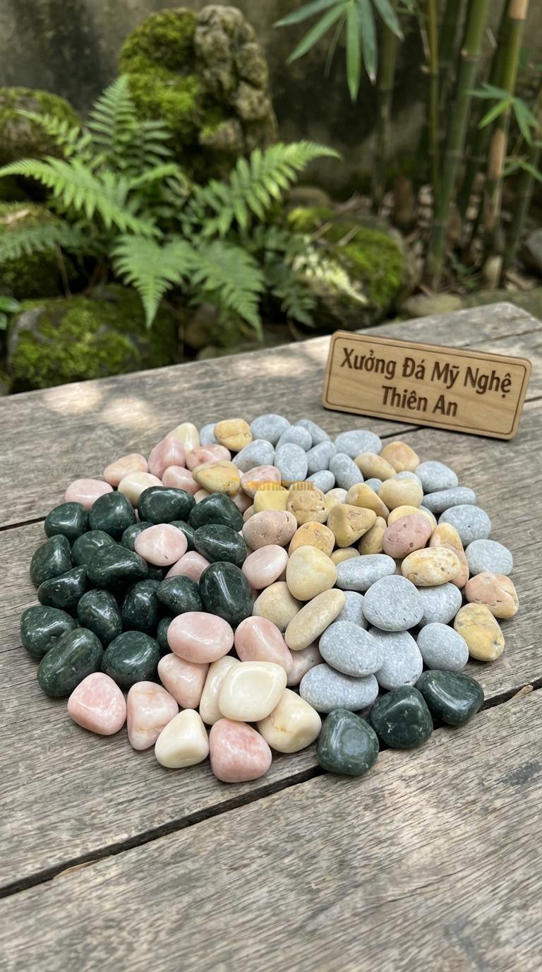 Sỏi Mix 4. Xanh rêu, Hồng quay, Ghi xám quay, Vàng quay Tỉ lệ (35, 25, 25, 15). Size 7-9mm