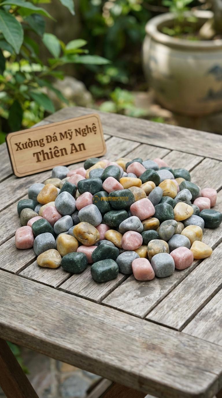 Sỏi Mix 4. Xanh rêu, Hồng quay, Ghi xám quay, Vàng quay Tỉ lệ (35, 25, 25, 15). Size 1-2cm