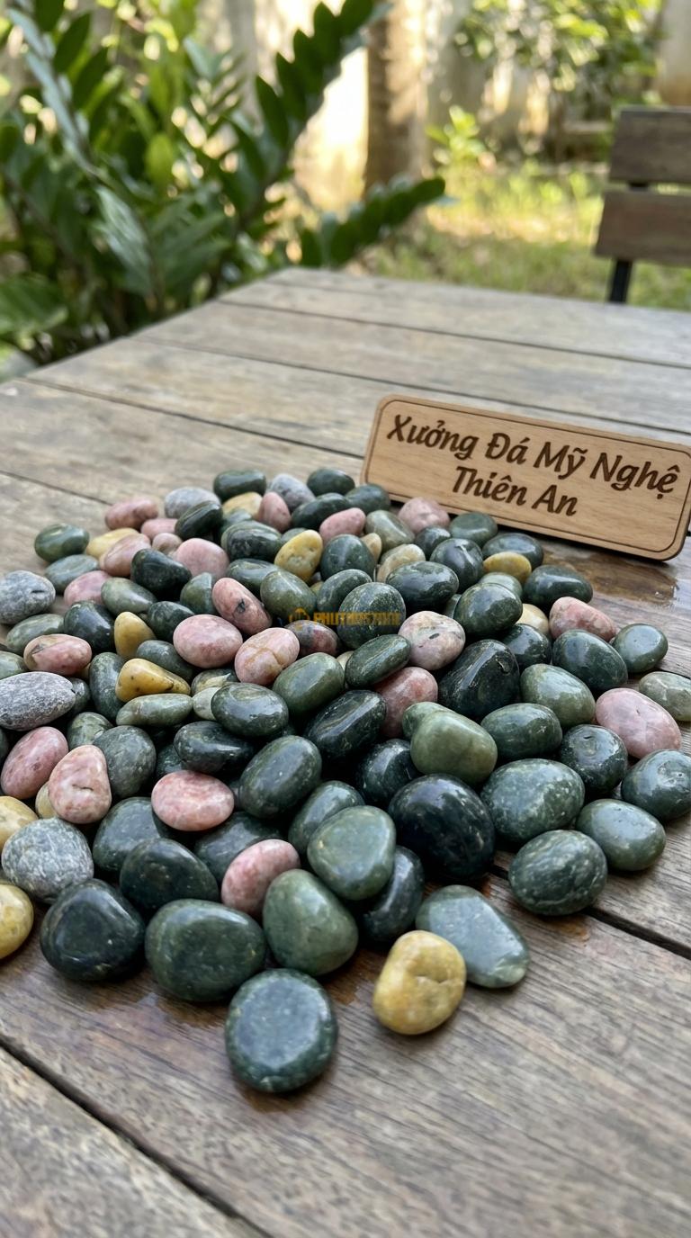 Sỏi Mix 4. Xanh rêu, Hồng quay, Ghi xám quay, Vàng quay Tỉ lệ (35, 25, 25, 15). Size 2-3cm