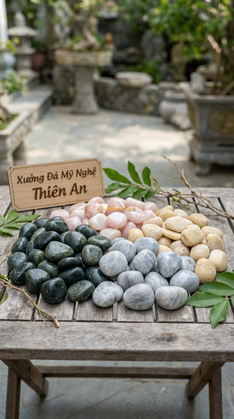 Sỏi Mix 4. Xanh rêu, Hồng quay, Ghi xám quay, Vàng quay Tỉ lệ (40, 25, 20, 15). Size 3-5cm