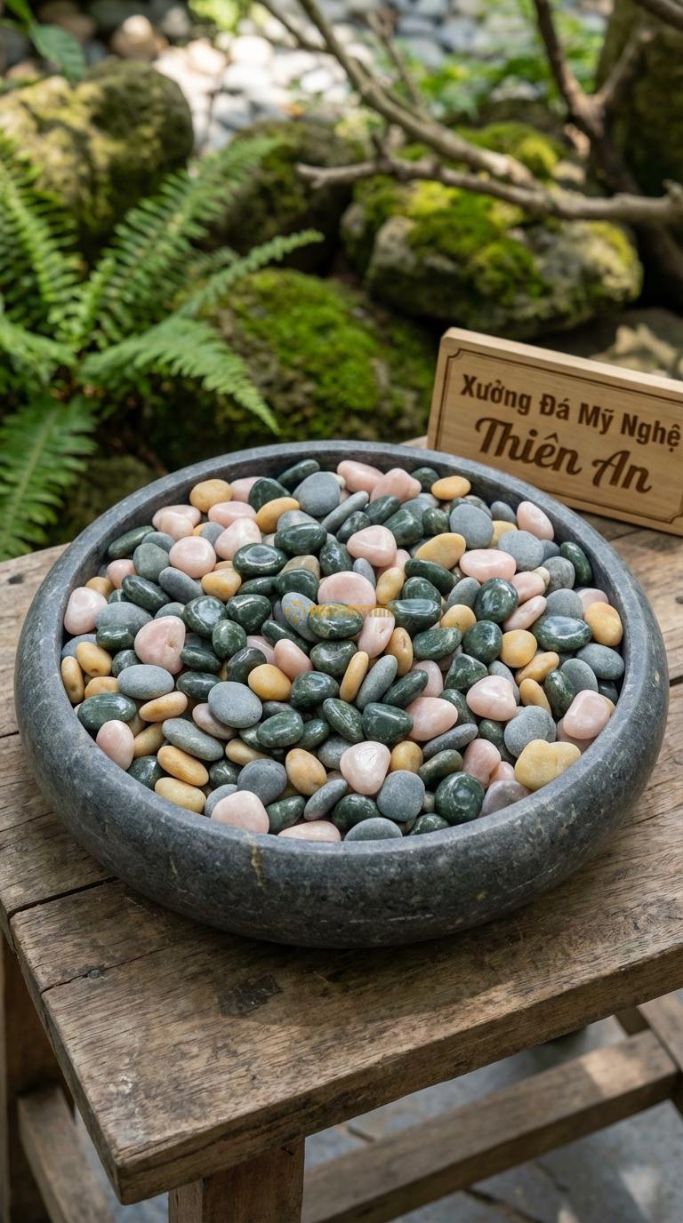 Sỏi Mix 4. Xanh rêu, Hồng quay, Ghi xám quay, Vàng quay Tỉ lệ (40, 25, 20, 15). Size 7-9mm