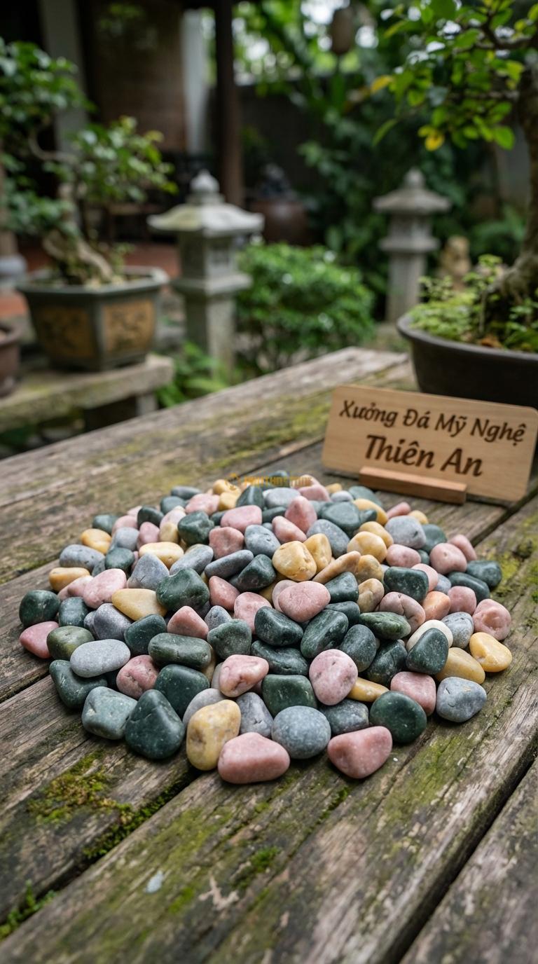 Sỏi Mix 4. Xanh rêu, Hồng quay, Ghi xám quay, Vàng quay Tỉ lệ (40, 25, 20, 15). Size 1-2cm