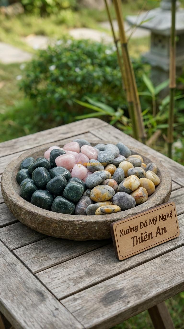 Sỏi Mix 4. Xanh rêu, Hồng quay, Ghi xám quay, Vàng quay Tỉ lệ (40, 25, 20, 15). Size 2-3cm