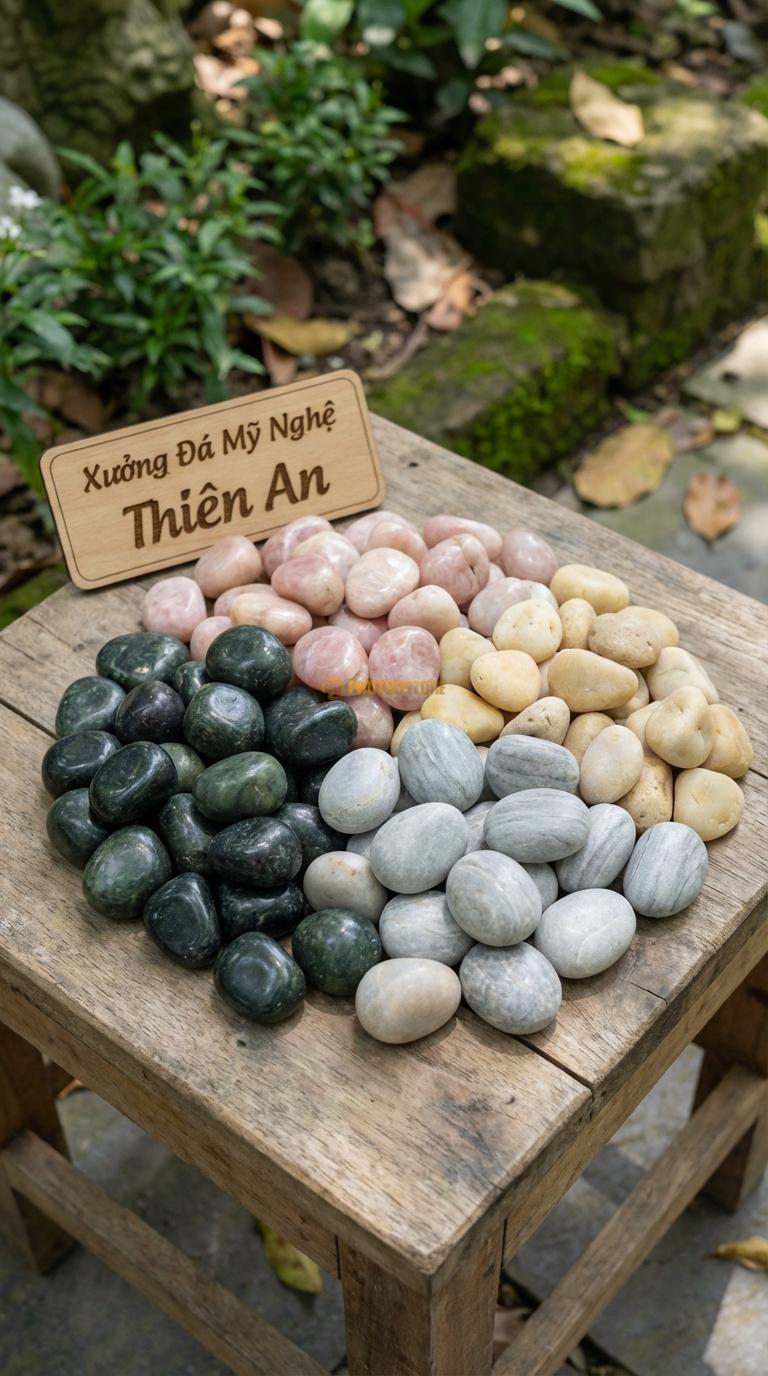 Sỏi Mix 4. Xanh rêu, Hồng quay, Ghi xám quay, Vàng quay Tỉ lệ (45, 20, 20, 15). Size 3-5cm