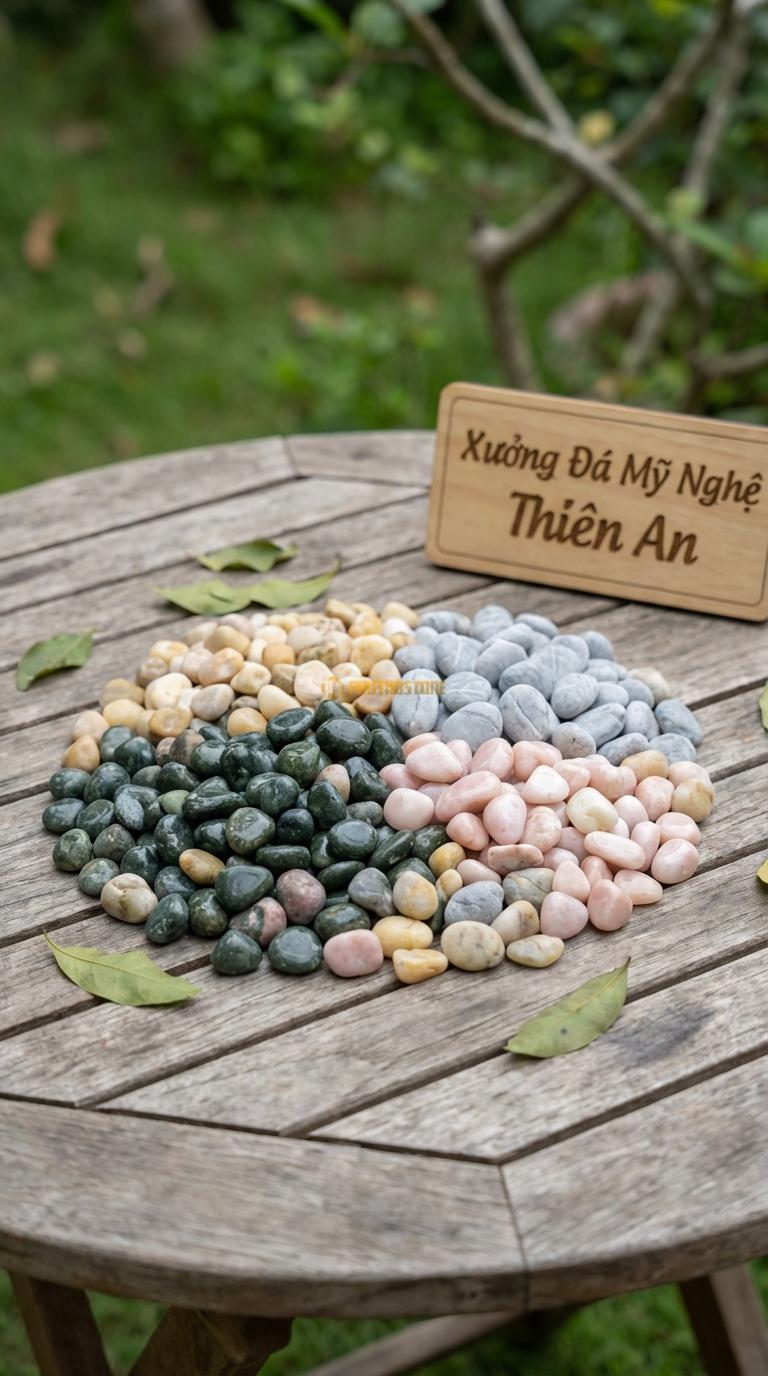 Sỏi Mix 4. Xanh rêu, Hồng quay, Ghi xám quay, Vàng quay Tỉ lệ (45, 20, 20, 15). Size 3-5mm