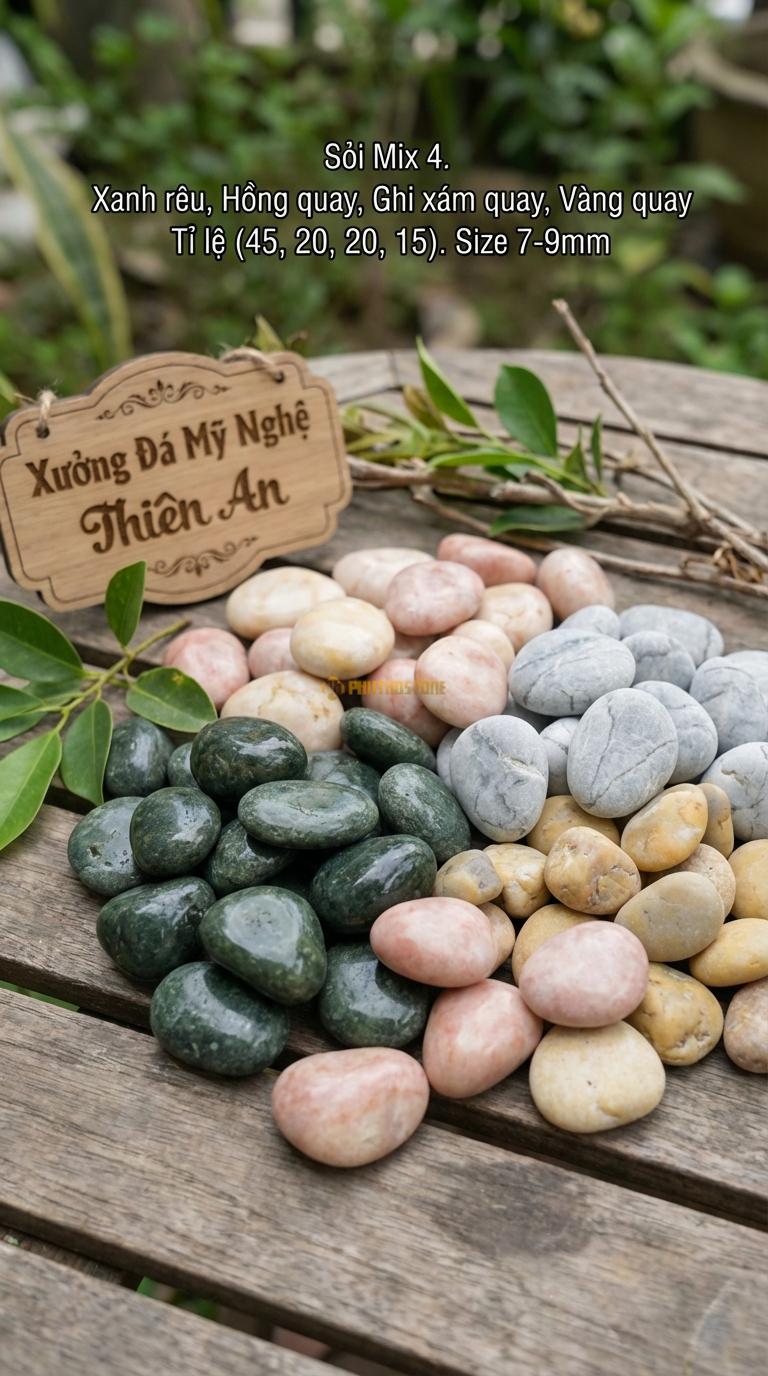 Sỏi Mix 4. Xanh rêu, Hồng quay, Ghi xám quay, Vàng quay Tỉ lệ (45, 20, 20, 15). Size 7-9mm