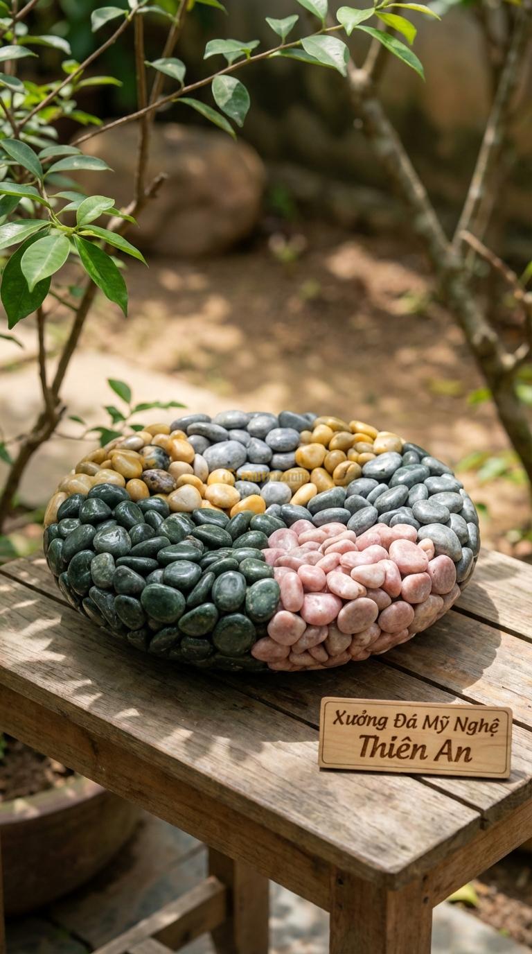 Sỏi Mix 4. Xanh rêu, Hồng quay, Ghi xám quay, Vàng quay Tỉ lệ (45, 20, 20, 15). Size 1-2cm