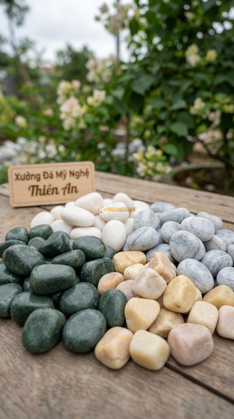 Sỏi Mix 4. Xanh rêu, Trắng quay, Ghi xám quay, Vàng quay Tỉ lệ (35, 25, 25, 15). Size 3-5cm