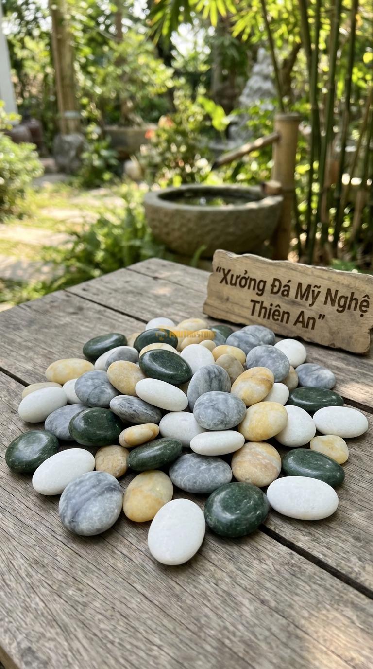 Sỏi Mix 4. Xanh rêu, Trắng quay, Ghi xám quay, Vàng quay Tỉ lệ (30, 30, 25, 15). Size 3-5cm