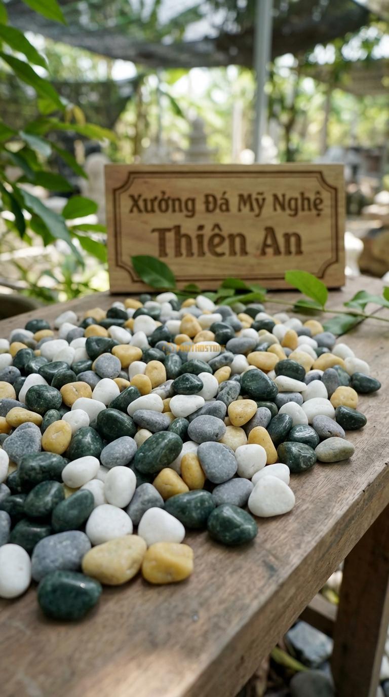 Sỏi Mix 4. Xanh rêu, Trắng quay, Ghi xám quay, Vàng quay Tỉ lệ (35, 25, 25, 15). Size 3-5mm