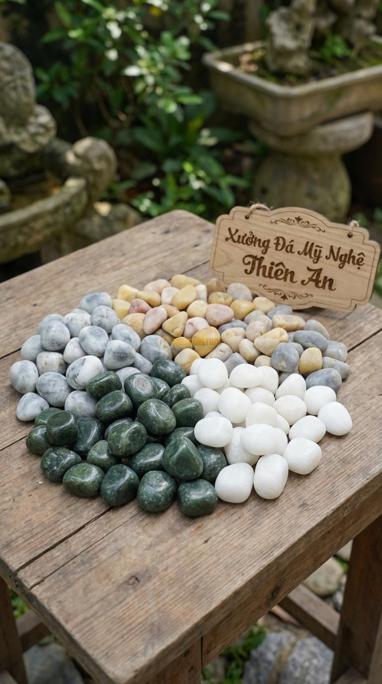 Sỏi Mix 4. Xanh rêu, Trắng quay, Ghi xám quay, Vàng quay Tỉ lệ (35, 25, 25, 15). Size 7-9mm